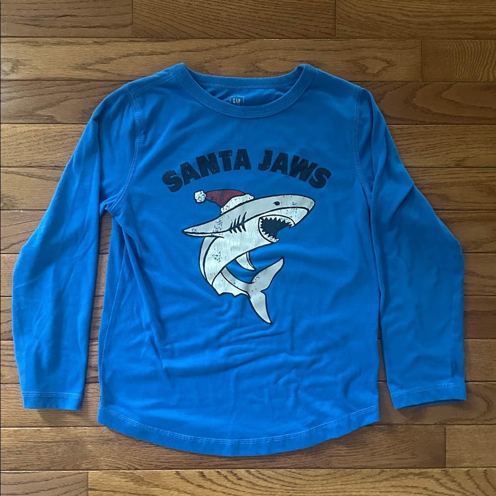 🎅🏻🦈 GAP KIDS pajama shirt long sleeved jaws Santa size medium blue youth pjs